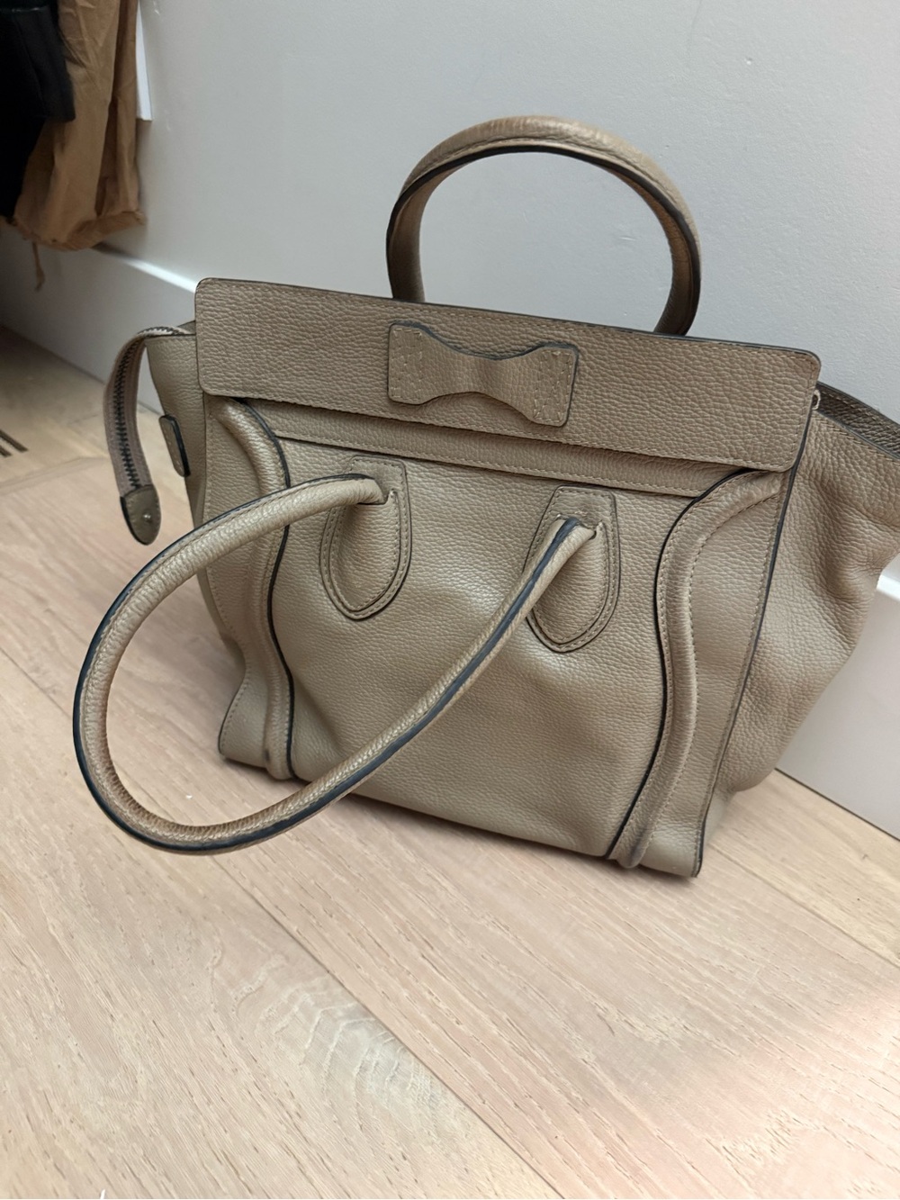 Celine Taupe Leather Structured Tote Bag with Front Zip Pocket - Picture 2 of 4